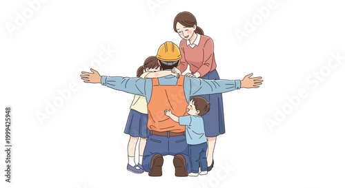 A construction worker is embraced by his family in a heartwarming scene, showcasing the importance of safety and health at work with a clean, minimalist aesthetic against a stark white