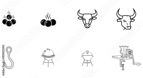 Collection of cooking and grilling icons for outdoor kitchens and barbecue events.