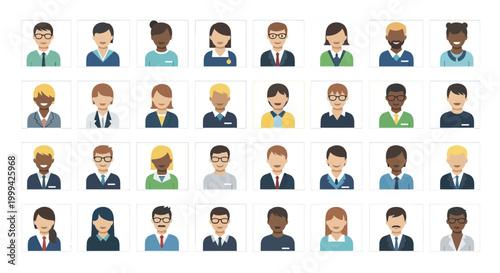 A diverse group of cartoon people avatars are arranged in a grid, depicting various ethnicities and genders with simple facial expressions, set against a clean white background in a flat