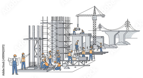 Construction workers collaborate on a building site, using tools and scaffolding, with a bridge under construction in the background, depicted in a technical illustration with a clean