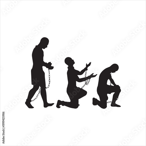 Set of male slave with chain silhouette vector on white background.eps