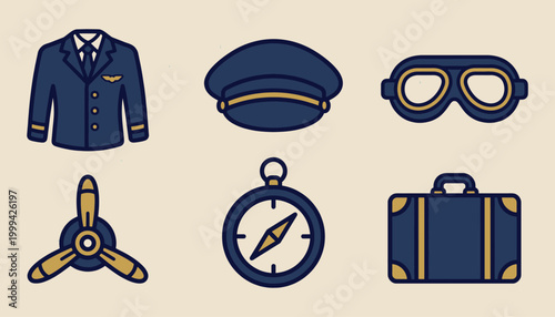 Aviation icons set featuring pilot uniform and professional flight equipment
