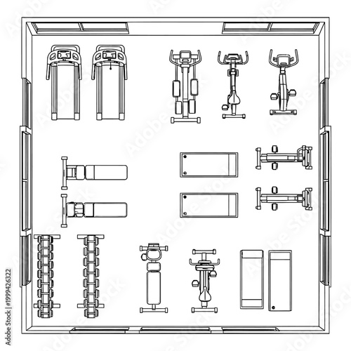 gym floor plan design with various exercise equipment layout illustrating a modern fitness studio and workout space for training