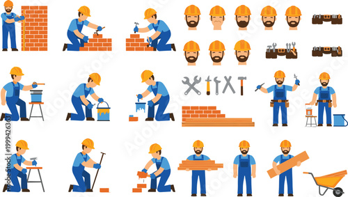 Construction Workers Set with Tools, Equipment and Building Activities in Flat Style, Builders Laying Bricks, Painting, Carrying Materials and Repair Work Vector Illustration