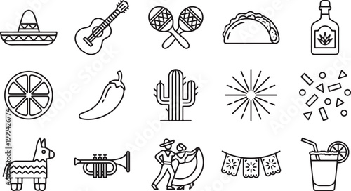 Mexican culture icon set with fiesta food drink music symbols editable stroke outline vector collection for festive celebration design