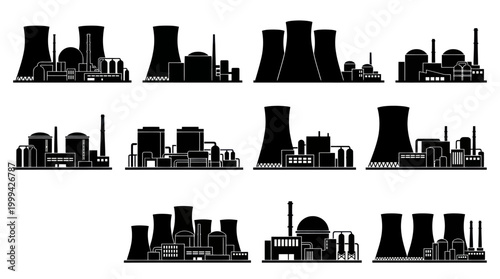 Nuclear Power Plant Silhouettes - Vector Industrial Icons
