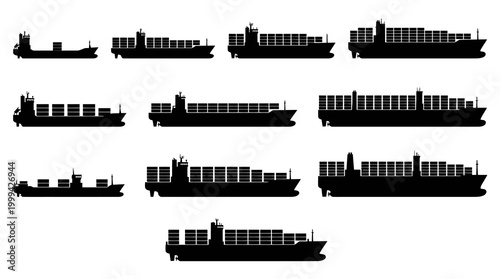 Cargo Ships Black  White Silhouettes Vector Icons for Global Logistics  Sea Transportation