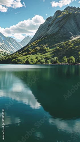 Clear turquoise lake with mirror reflection of green forest and mountain slopes, background filled with blue skies and sharp peaks, natural purity and tranquility concept