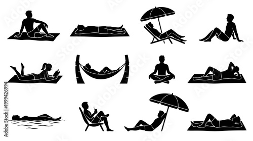 Leisure Travel Relaxation Glyphs: Summer Vacation People Silhouettes Icons Set