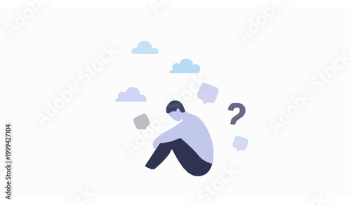 Sad Person Sitting Alone with Thought Bubbles Representing Mental Health