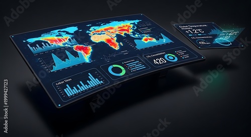 Digital world map displays climate data, graphs, and real-time projections