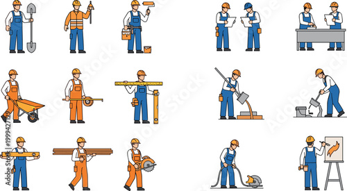 Construction Workers and Builders Set with Tools and Equipment in Flat Style, Collection of Laborers Measuring, Painting, Cutting, Carrying Materials and Working on Site Vector Illustration