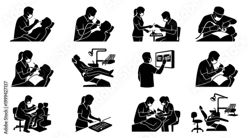 Dental Icons Set: Dentists and Patients, Clinic and Equipment, Black and White Glyphs