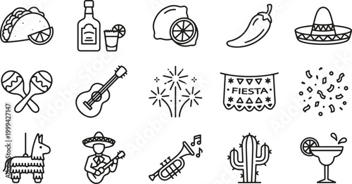 Mexican fiesta icon set with traditional food drink music celebration editable stroke outline vector collection for cultural festival design