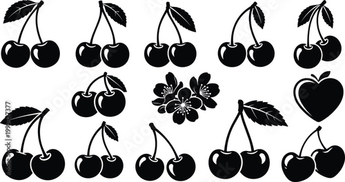 Cherry Fruit Icon Set with Blossoms, Leaves, and Heart-Shaped Symbols for Food, Agriculture, and Nature-Themed Websites, Apps, and Digital Media Designs