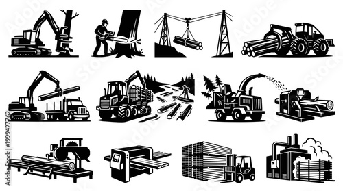 Logging and Wood Industry Icons: Machinery, Tools, and Processes