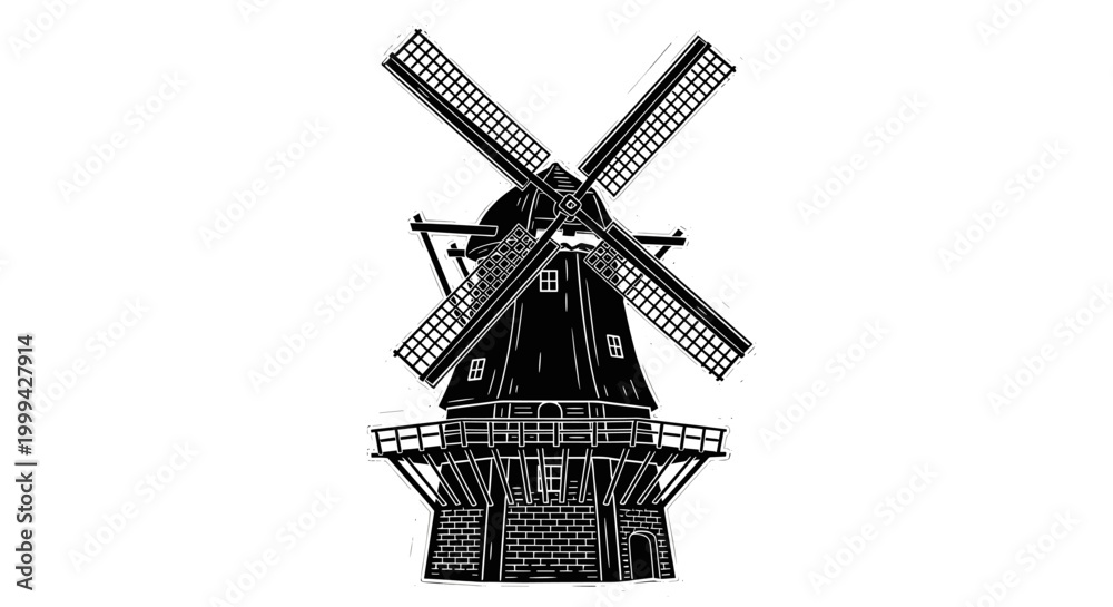Obraz premium Vintage engraved windmill illustration isolated in black and white style