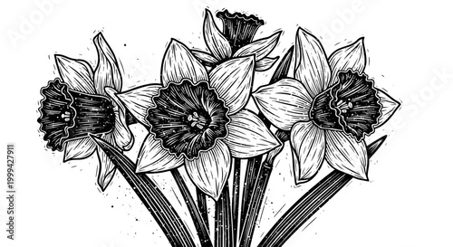Vintage engraved daffodil flowers botanical illustration in black and white