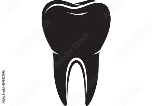 Tooth icon with black silhouette and white curved inner line, simple dental symbol on clean background