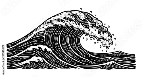 Vintage engraved ocean wave black and white illustration