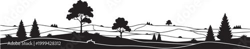 Black silhouette landscape with trees on rolling hills