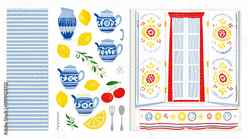 italian still life illustration with lemons pottery and decorative elements