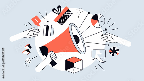 Marketing megaphone illustration with abstract shapes and communication icons high quality