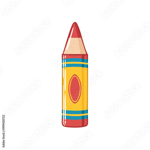Brightly colored wax crayon with red blue and yellow stripes standing upright