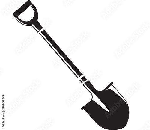 Shovel tool icon with bold black silhouette and simple outline style for gardening and excavation design