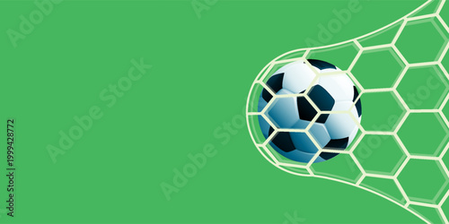 Soccer ball hitting the net and scoring a goal. Background for posters, social media, sports advertisements, football-related content, and tournament campaigns.