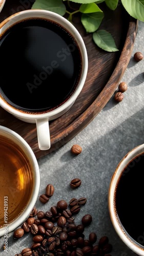 Top view of black coffee in white ceramic mug with scattered roasted coffee beans on gray background, two other cups partially visible, cozy composition, concept of morning routine