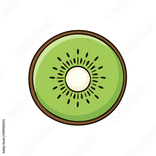 Stylized illustration of a kiwi fruit slice with vibrant green flesh and black seeds