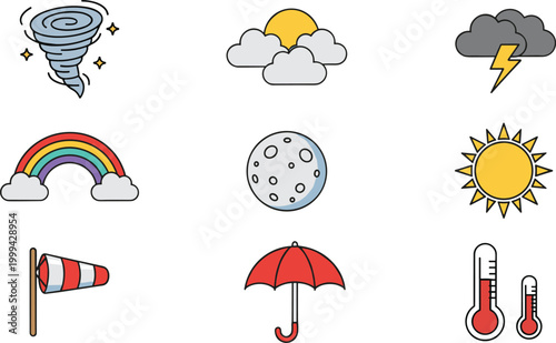Colorful weather and celestial icon collection featuring tornado, sun, moon, rainbow, lightning, umbrella, thermometer, and atmospheric elements illustration