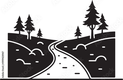 A black and white illustration of a forked road in a wooded area