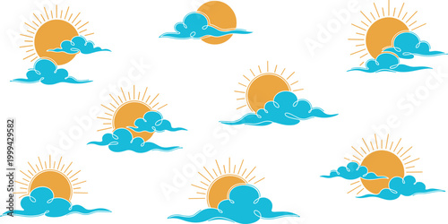 Stylized partly cloudy sun illustration collection featuring golden yellow suns with radiating rays and blue cloud variations