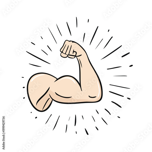 Flexing Bicep Muscle with Radial Burst Lines Symbol of Strength and Power
