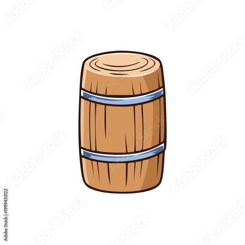 Rustic wooden barrel with metal hoops, traditional storage container for liquids, isolated illustration