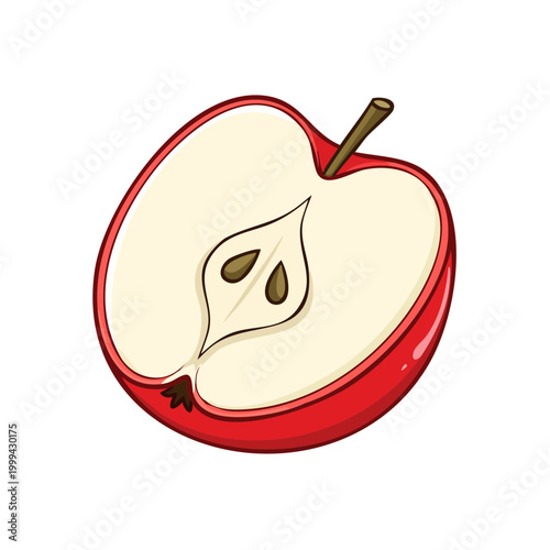 Red apple cut in half revealing seeds and white flesh illustration