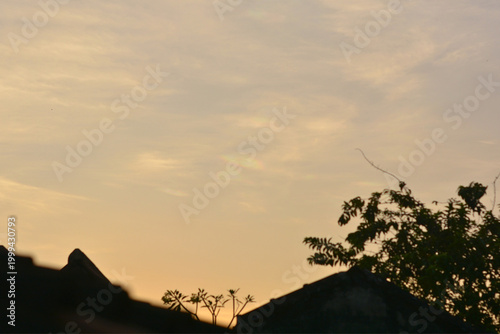 Sunset sky featuring cloud iridescence and dark silhouettes