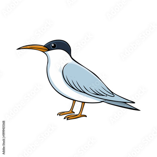 Cartoon illustration of a light blue grey bird with a black cap and orange beak