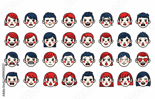 flat design cartoon faces showing diverse human emotions and expressions set