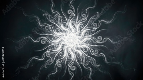Abstract floral design with swirls and radiant light on a black background.