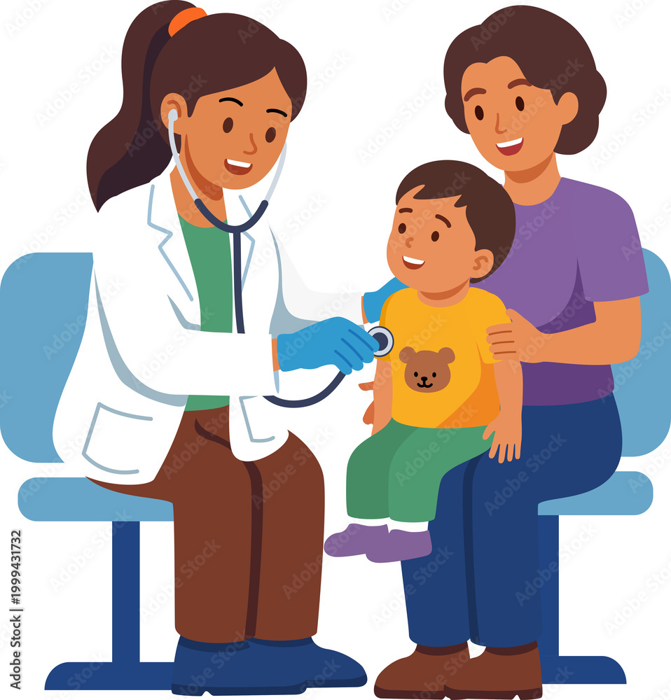 Obraz premium Pediatrician Examining Child with Mother at Clinic – Family Healthcare Concept