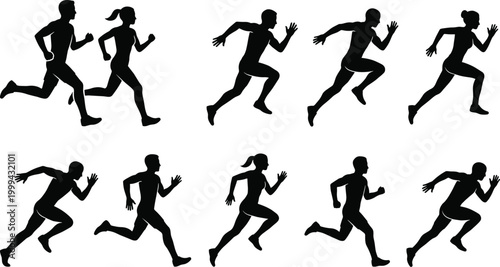 Collection of male and female running silhouettes in various dynamic poses for fitness and sports graphic designs