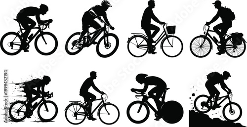 Cycling silhouettes collection with road bike mountain bike and commuting riders in dynamic positions