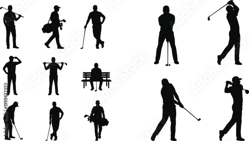 Golf player silhouettes set diverse poses swings putting walking isolated sports collection illustration