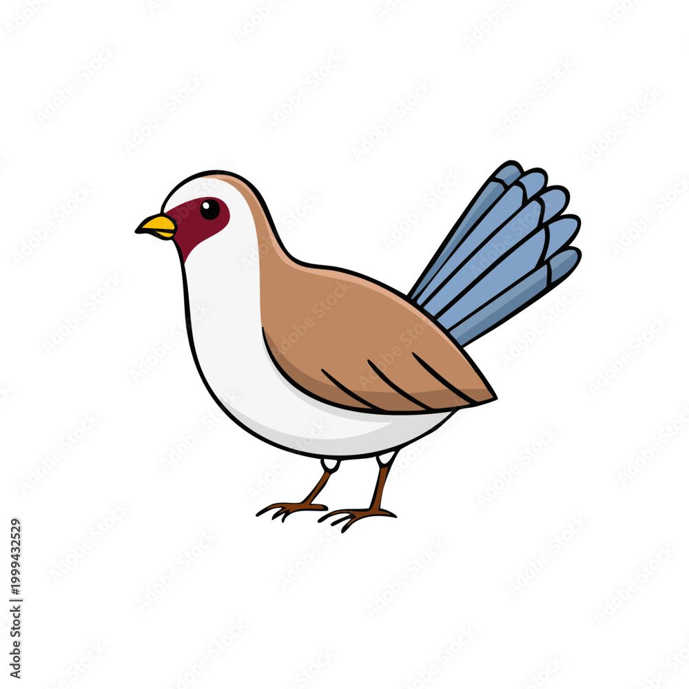 Fototapeta premium Cute cartoon bird with brown and white feathers and blue tail feathers