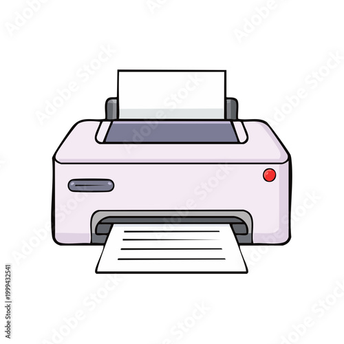 Modern desktop printer machine with paper output and input tray isolated on white background.