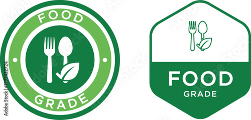 Green food grade certification icons with fork, spoon, and leaf for packaging and labeling design