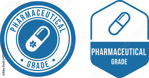 Pharmaceutical Grade Badge Icons with Capsule Symbol in Blue for Medical and Healthcare Labels